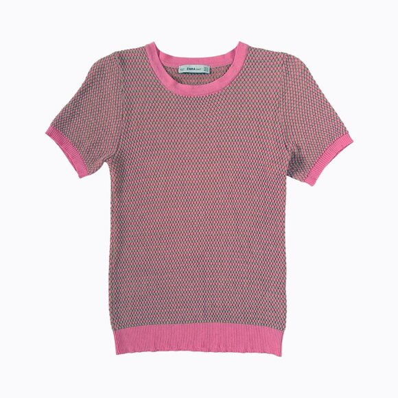 Zara Sweaters - Zara Knit Pink Tan Sweater Stretchy Short Sleeve Barbiecore Feminine Y2K Sz S/M